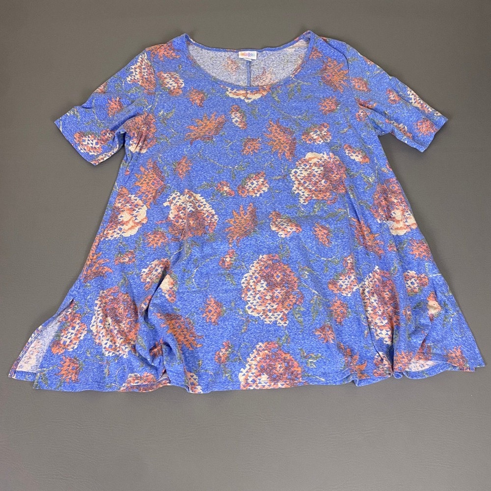 LuLaRoe Irma Tunic Top 2XL Blue Orange Floral Short Sleeve Scoop Neck Relaxed